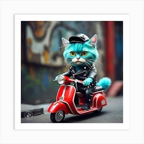 Cat Riding Red Scooter 3 Art Print