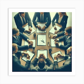 A photograph of a group of people sitting around a table having a serious discussion with legal documents and contracts on the table. Art Print