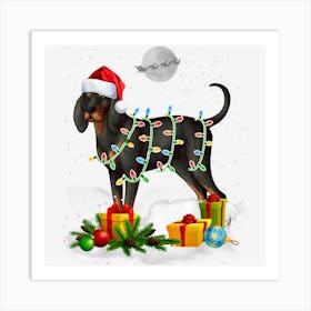 Funny Black And Tan Coonhound Dog Christmas Lights Santa Art Print