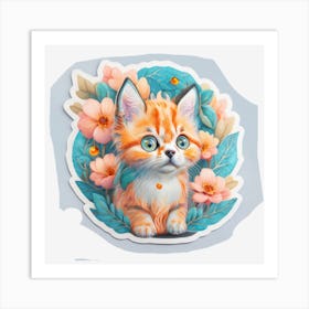 flowers Orange Kitten Art Print