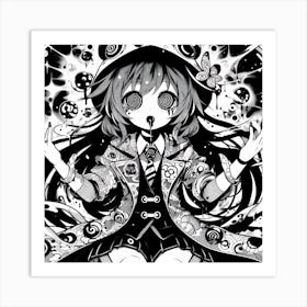 Witch Anime Girl Black And White Art Print