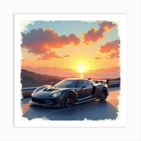 Modern Sports Car With A Tranquil Sunset View, Watercolor Painting 1 Art Print