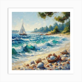 Sailboat On The Beach, Acrylic Painting Style 5 Art Print