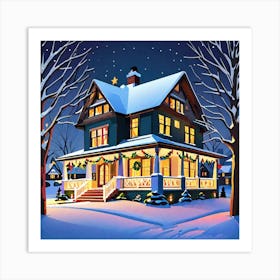 Christmas House At Night 1 Art Print