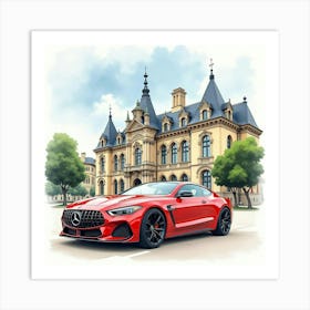 Stylish Car In Front Of A Beautiful Palace, Watercolor Painting 1 Art Print