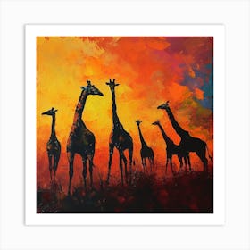 Giraffe Silhouettes In The Sunset 2 Art Print