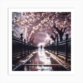 Black Railings lining Cherry Blossom Avenue Art Print