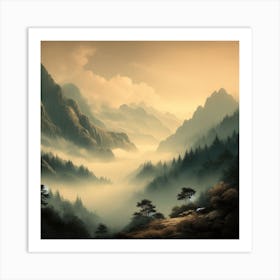 "A serene and misty mountain landscape."Wall poster4 Art Print