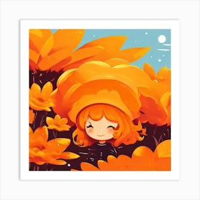 Girl In Orange Flowers Art Print