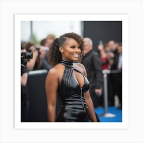 A Black Woman Voluptuous Sexy Wearing Black Latex Dress Curly Hair Big Smile on the Red Carpet - Created by Midjourney Art Print