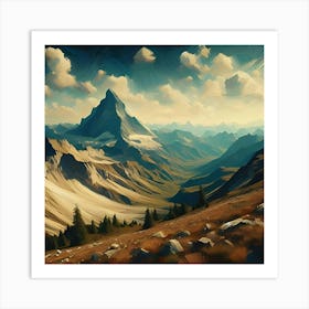 An Illustration Of A Mountain In The Style Of Impressionism With A Wide Aspect Ratio 2 Art Print