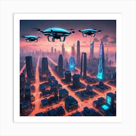 Futuristic Cityscape With Drones Art Print