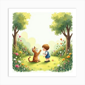 Watercolor Scene Of A Kitten And A Child Playing In A Sunny Garden Art Print