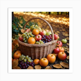 A Wicker Basket Filled With An Abundance Of Ripe Fruits Like Apples, Oranges And Grapes Arranged Neatly On The Ground Surrounded By Leaves 3 Art Print
