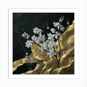 White Flowers On Gold Art Print