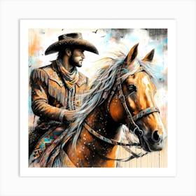 The Beautiful Cowboy On A Horse Creative Color Drawing Art Print