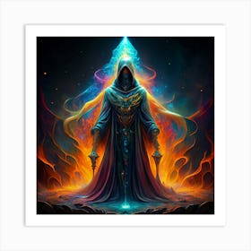 Mystical Figure In A Robe With Flaming Wings Art Print