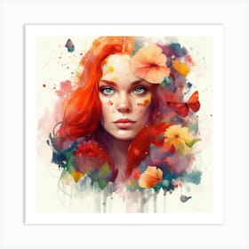 Watercolor Floral Red Hair Woman #5 Art Print