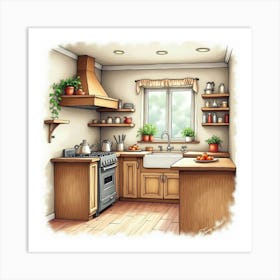 Rustic Kitchen Watercolor Painting, Warm, Homey Feel 1 Art Print