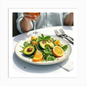 Watercolor Depiction Of A Fresh And Tangy Avocado And Citrus Salad On A Chic Restaurant Table Art Print