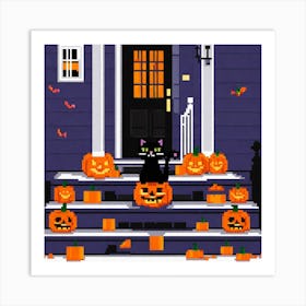 Halloween Cat On Steps In Front Of The Halloween House (27) Art Print