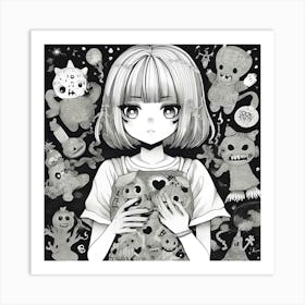 Anime Girl Holding Stuffed Animals Art Print