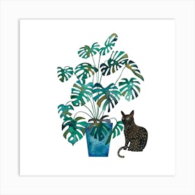 Black Cat and Monstera Houseplant Art Print