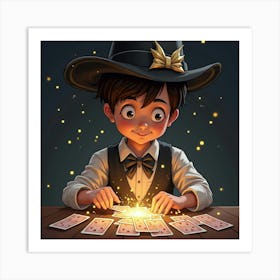 A Boy Wearing A Magician’S Hat, Pulling Glowing Cards From A Deck, With Sparkles Floating Around Him Art Print