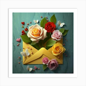 An open red and yellow letter envelope with flowers inside and little hearts outside 19 Art Print