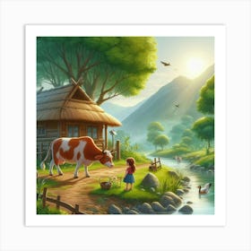 Girl And Cow In The Countryside Art Print