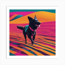 An Image Of A Dog Walking Through An Orange And Yellow Colored Landscape, In The Style Of Dark Teal (1) Art Print