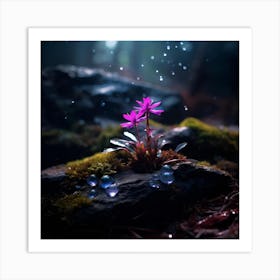up close on a black rock in a mystical fairytale forest, alice in wonderland, mountain dew, fantasy, mystical forest, fairytale, beautiful, flower, purple pink and blue tones, dark yet enticing, Nikon Z8 5 Art Print