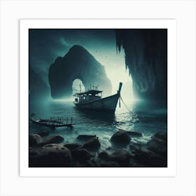 Boat In A Cave Art Print