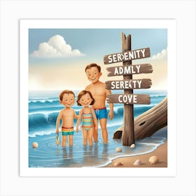 A Serene And Majestic Family Beach Scene Illustration, Evoking The Iconic Style Of Ansel Adams, (3) Art Print