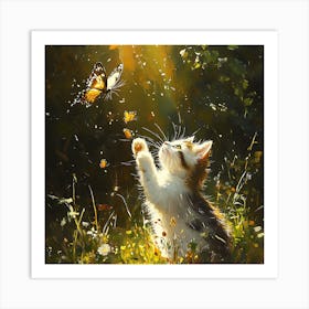 Cat Catches A Butterfly Art Print