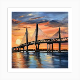 Sunset over the Arthur Ravenel Jr. Bridge in Charleston. Blue water and sunset reflections on the water. Oil colors.6 Art Print