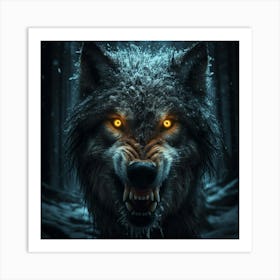 A fierce and battle-scarred lone wolf stands tall in the midst of a raging blizzard. Its fur is matted and covered in snow, and its eyes are a deep, piercing yellow that seem to glow in the darkness. The wolf's teeth are bared in a snarl, and its claws are unsheathed and dripping with blood. It is clear that this wolf is a force to be reckoned with, and that it will not back down from a fight. In the background, a dark and sinister forest looms, adding to the sense of danger and mystery. 2 Art Print