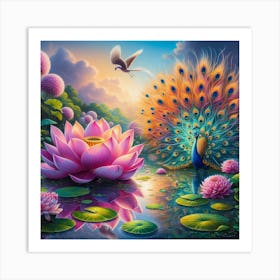 Peacock And Lotus Art Print