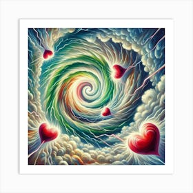 3 Dimensional Lightning With Multiple Green And White Swirls In A Vortex Of 3 Red Hearts Oil Painting Art Print