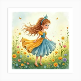 Enchanting Princess In A Watercolor Vibrant Meadow 1 Art Print