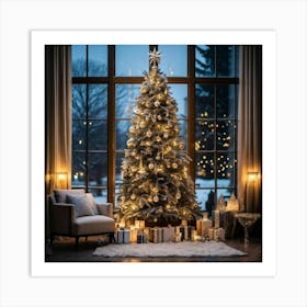 A Majestic Christmas Tree Standing Tall And Adorned With A Mix Of Ostentatious And Minimalist Decor Art Print