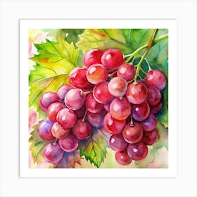 Watercolor Painting Of A Bunch Of Red Grapes Art Print