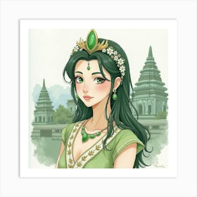 Jade Tiara, Watercolor, Ancient Temple Ruins 1 Art Print