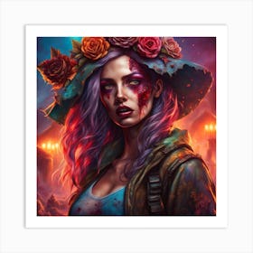 Zombie Girl With Flowers Art Print