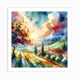 Watercolor Of Tuscan Countryside Art Print