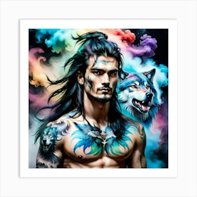 Tattooed Man And Wolf Art Print