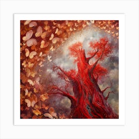 Red Tree And Heart Shaped Butterflies (4) Art Print