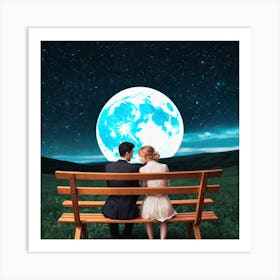 Couple Sitting On Bench Under Moon 3 Art Print