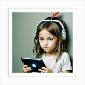 Little Girl With Headphones And Tablet Art Print