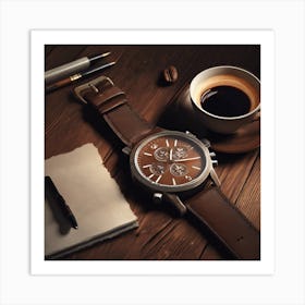 Brown Watch On A Dark Brown Wooden Table With A Art Print